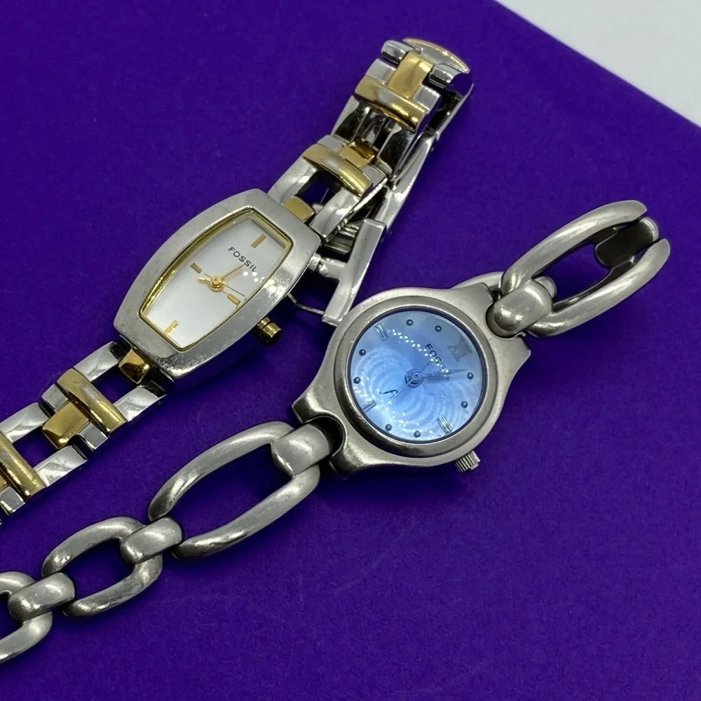 FOSSIL F2 Watches Pair Silver Gold Blue Face Womens Watches